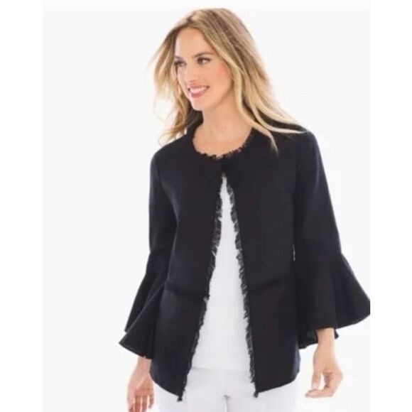 Beautiful CHICO’S Black Linen Jacket with Bell Sleeves and Fringe Hem Size Chico - Picture 2 of 11